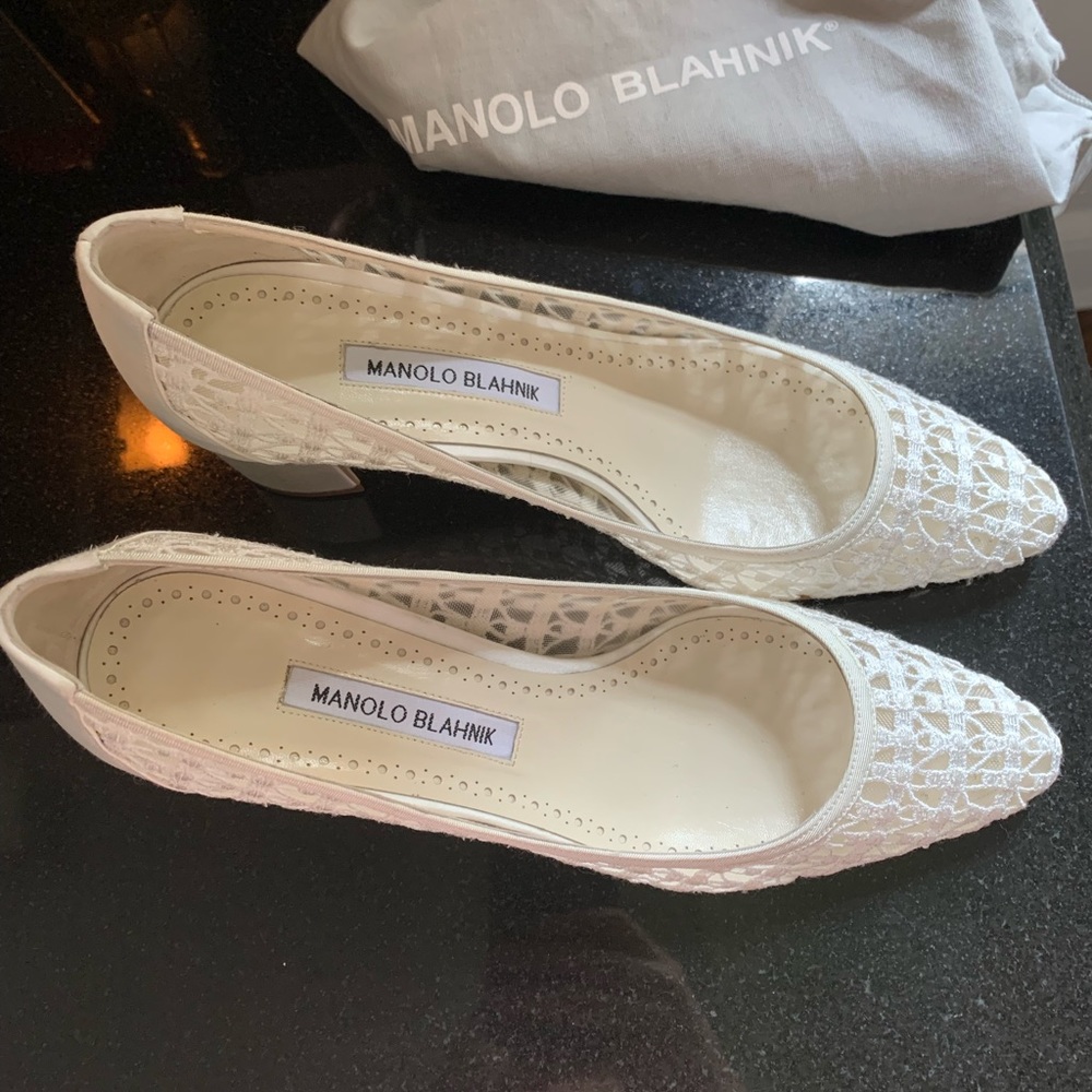 Beautiful white crocheted Manolos with a satin block heel. Never worn.